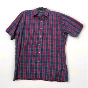 Towncraft Men's Large Red/Blue Plaid Short Sleeve Button-Up Shirt Polyester/Cott